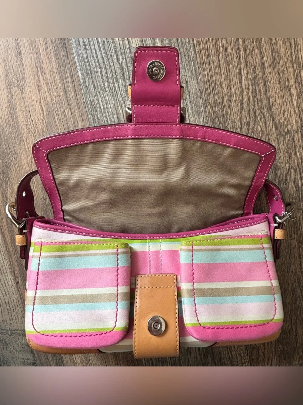 Vintage Y2K Coach Soho Hampton Pastel Pink Striped Canvas Shoulder  Bag Buckle